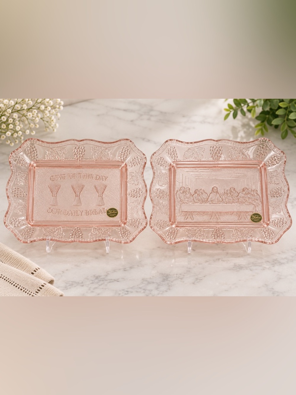 Vintage Pressed Pink Glass Bread Tray- Christian Theme Tiara International